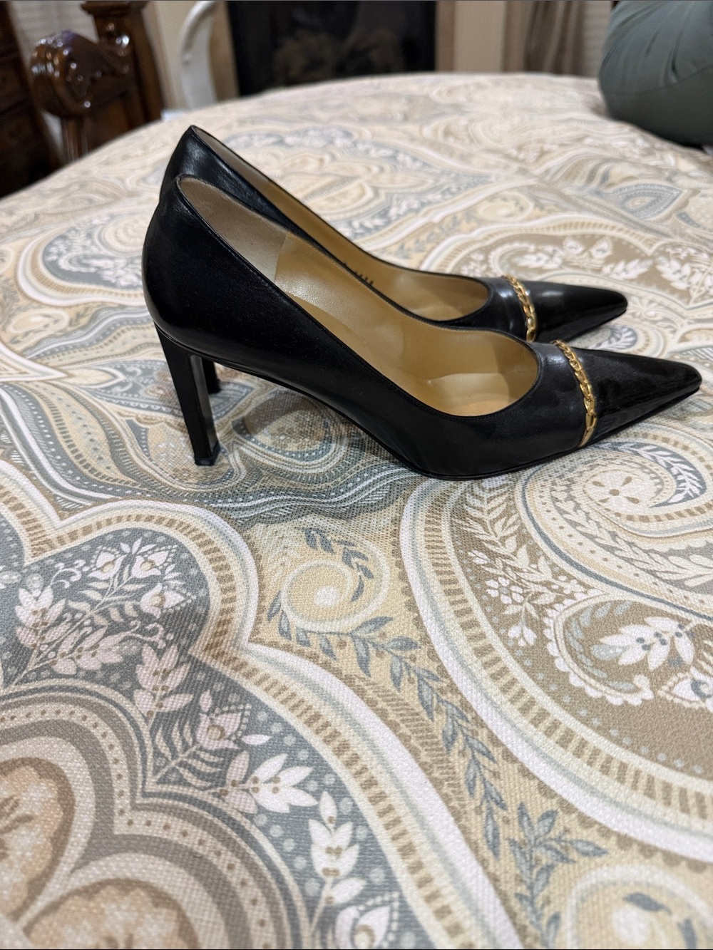 St. John Black Pointed Toe Pumps with Gold Chain Trim - Picture 2 of 5